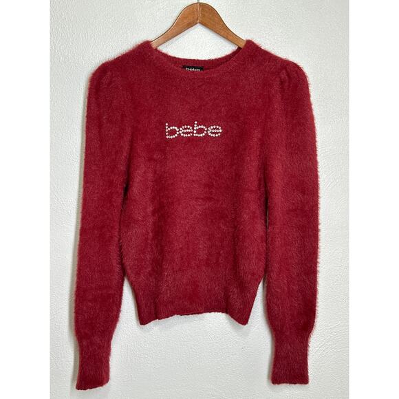 90s Y2K Bebe Fuzzy Sweater M Burgundy Rhinestone Spell-out Going Out Top - Picture 1 of 14